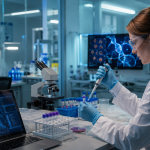 Grafika przedstawia nowoczesne laboratorium biotechnologiczne, w którym prowadzone są prace nad zaawansowanymi terapiami genowymi