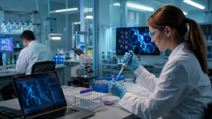 Grafika przedstawia nowoczesne laboratorium biotechnologiczne, w którym prowadzone są prace nad zaawansowanymi terapiami genowymi