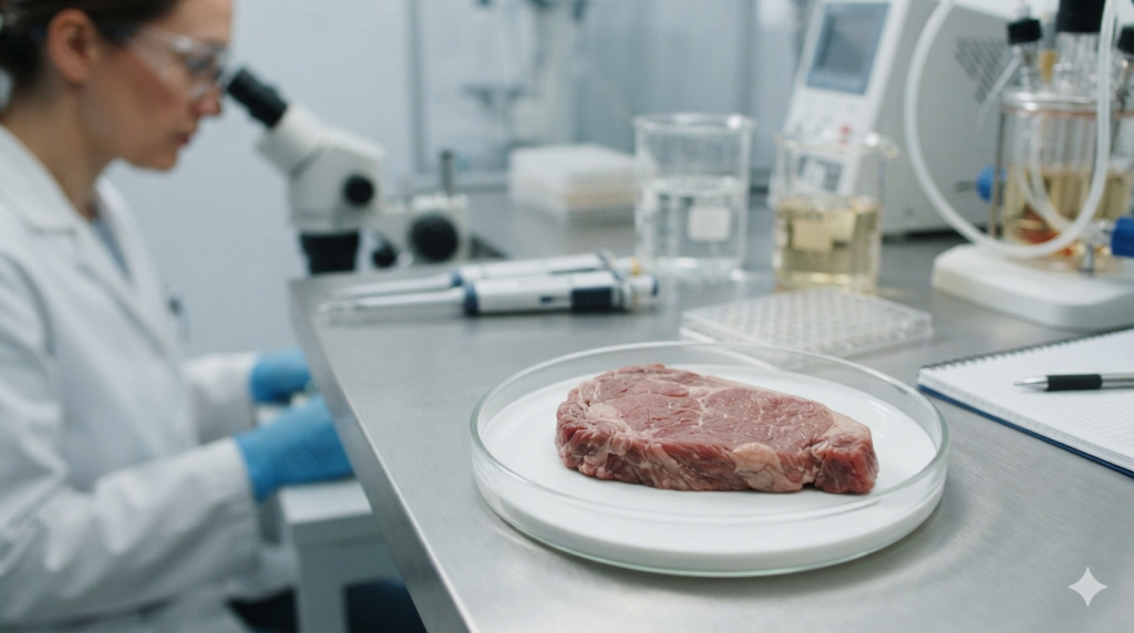 Zdjęcie przedstawia wnętrze nowoczesnego laboratorium biologicznego lub spożywczego, z wyraźnym podziałem na pierwszy i drugi plan